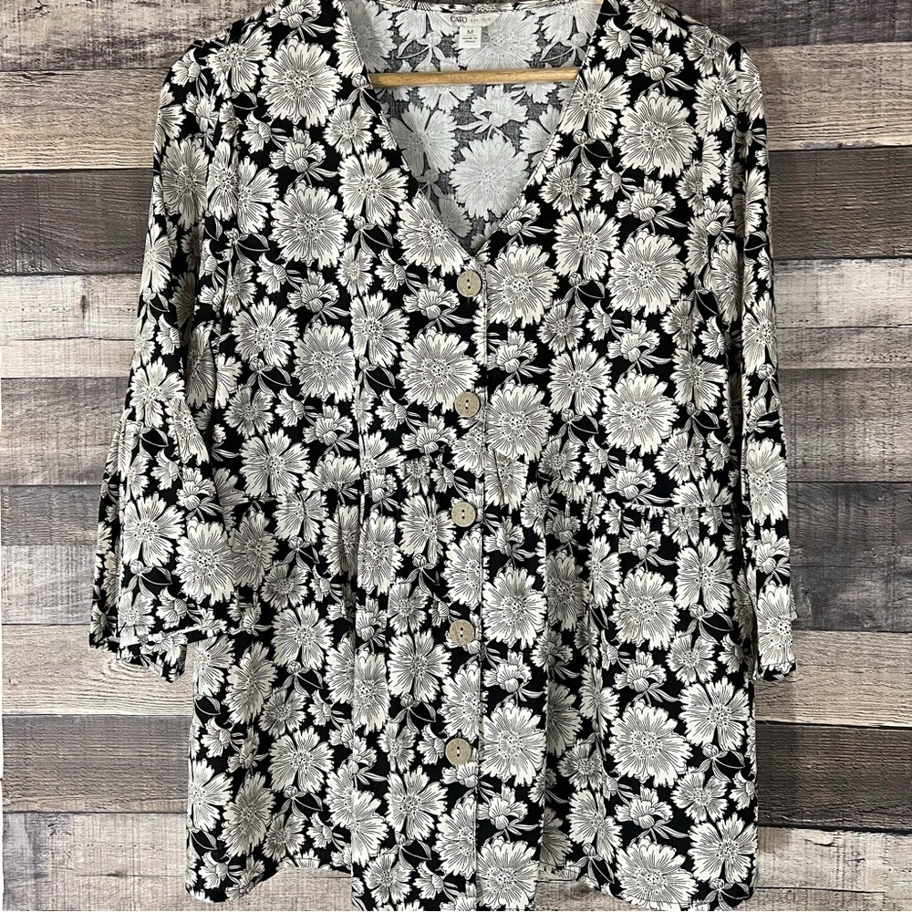 Cato Black Vintage Style Floral Linen Blend Babydoll‎ Blouse Bohemian Boho
